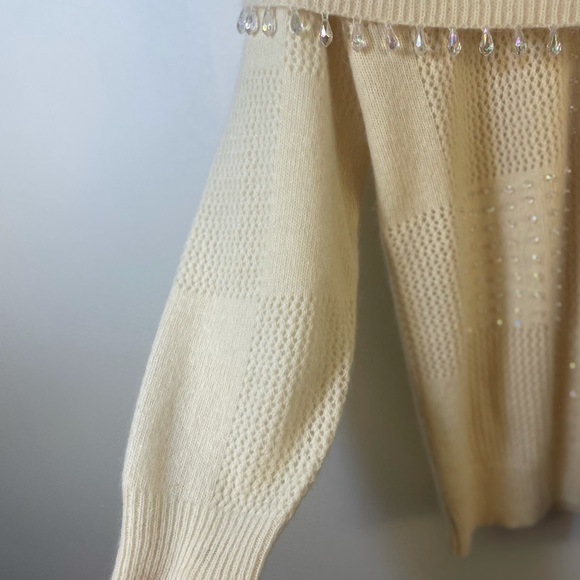Lambswool and angora rabbit hair long sleeve cream knit sweater fold over collar - Picture 4 of 14